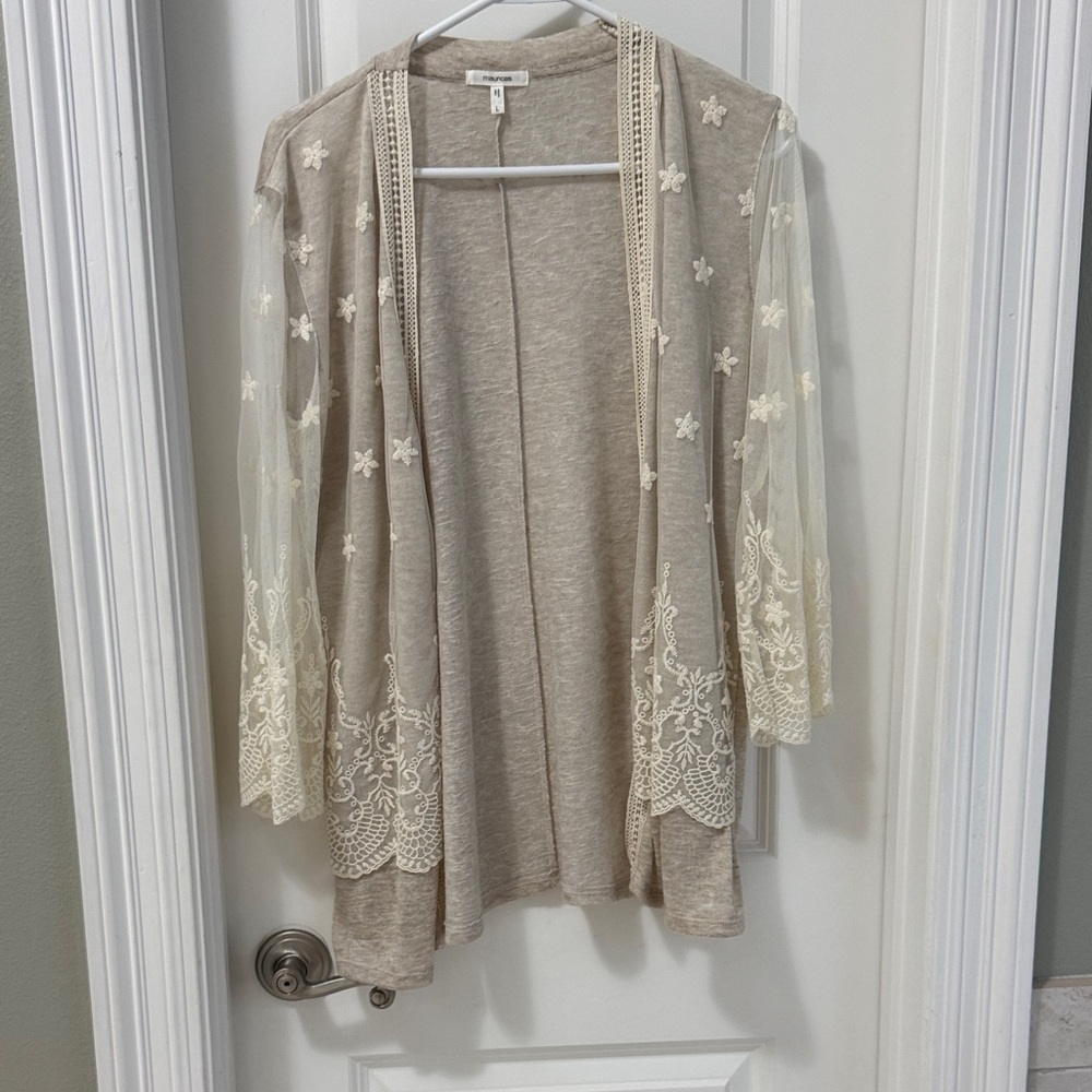 Maurices Beige Open Cardigan with Cream Lace Sleeves